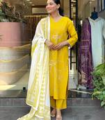 yellow embroidered stitched viscose pant style kurti suit with duppatta