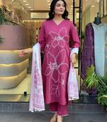 pink embroidered stitched viscose pant style kurti suit with duppatta