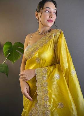 Yellow Color Silk Blend Sequence & Malti Thread Embroidery Work  Saree 1