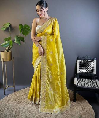 Yellow Color Silk Blend Sequence & Malti Thread Embroidery Work  Saree 2