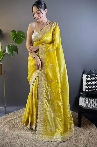 Yellow Color Silk Blend Sequence & Malti Thread Embroidery Work  Saree