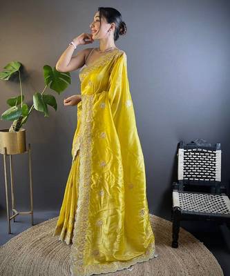 Yellow Color Silk Blend Sequence & Malti Thread Embroidery Work  Saree 3
