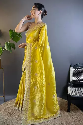 Yellow Color Silk Blend Sequence & Malti Thread Embroidery Work  Saree