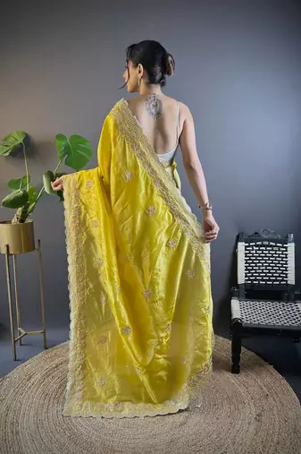 Yellow Color Silk Blend Sequence & Malti Thread Embroidery Work  Saree