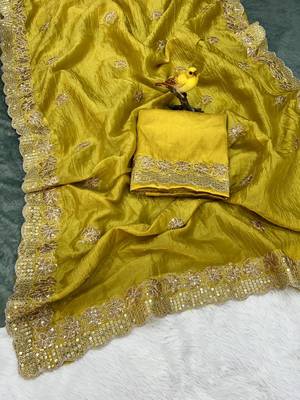 Yellow Color Silk Blend Sequence & Malti Thread Embroidery Work  Saree 5