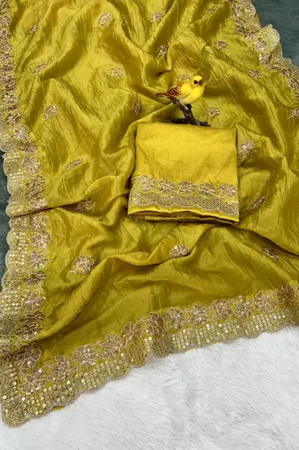 Yellow Color Silk Blend Sequence & Malti Thread Embroidery Work  Saree