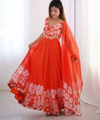 orange floral organza gown with handwork and matching dupatta 1