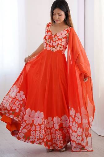 orange floral organza gown with handwork and matching dupatta