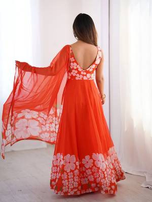 orange floral organza gown with handwork and matching dupatta 3