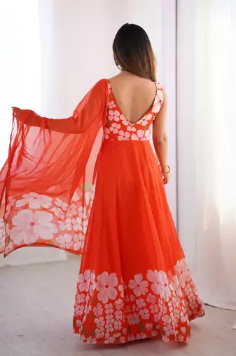 orange floral organza gown with handwork and matching dupatta