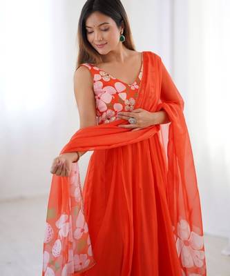 orange floral organza gown with handwork and matching dupatta 4