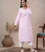 Hand embroidered pink cotton lucknowi chikankari straight kurta
