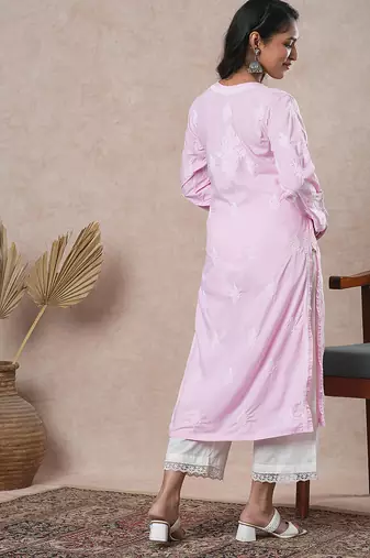 Hand embroidered pink cotton lucknowi chikankari straight kurta