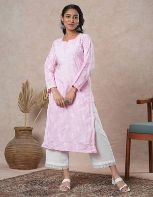 Hand embroidered pink cotton lucknowi chikankari straight kurta 3