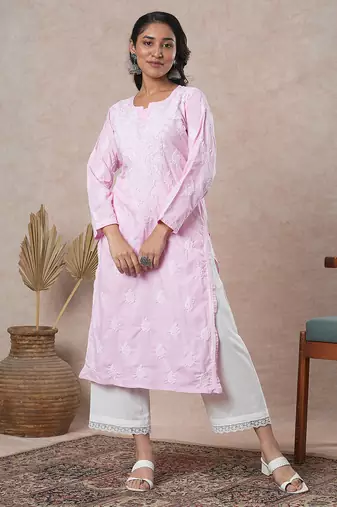 Hand embroidered pink cotton lucknowi chikankari straight kurta