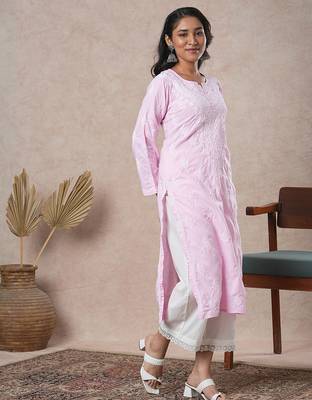 Hand embroidered pink cotton lucknowi chikankari straight kurta 4