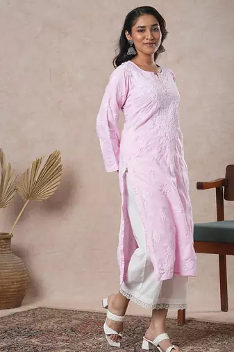 Hand embroidered pink cotton lucknowi chikankari straight kurta