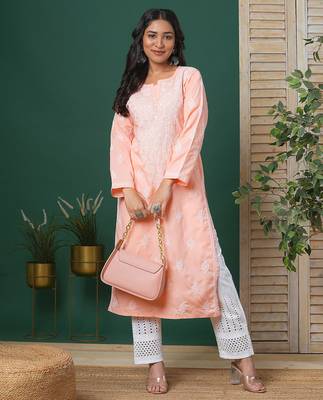 Hand embroidered peach cotton lucknowi chikankari straight kurta 1