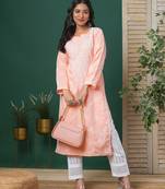 Hand embroidered peach cotton lucknowi chikankari straight kurta