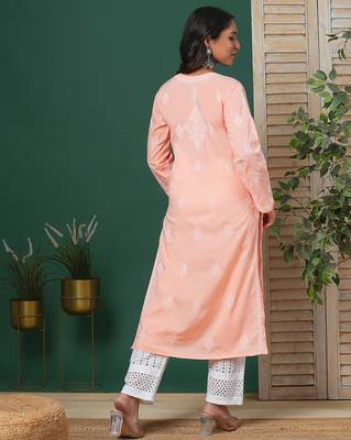 Hand embroidered peach cotton lucknowi chikankari straight kurta 2
