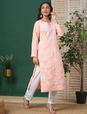 Hand embroidered peach cotton lucknowi chikankari straight kurta 3