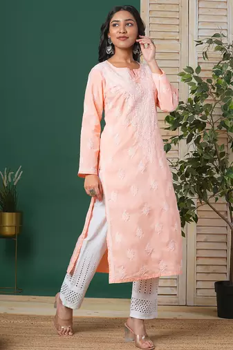 Hand embroidered peach cotton lucknowi chikankari straight kurta