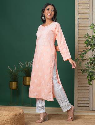 Hand embroidered peach cotton lucknowi chikankari straight kurta 4