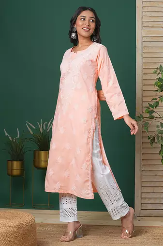 Hand embroidered peach cotton lucknowi chikankari straight kurta