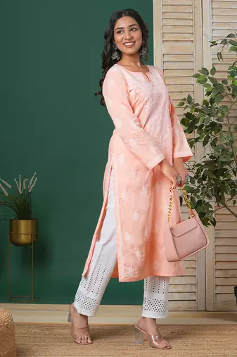 Hand embroidered peach cotton lucknowi chikankari straight kurta