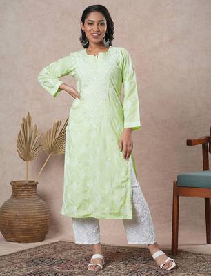 Hand embroidered lime green cotton lucknowi chikankari straight kurta 1