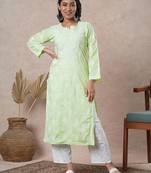 Hand embroidered lime green cotton lucknowi chikankari straight kurta