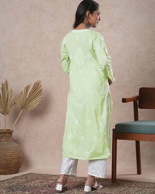 Hand embroidered lime green cotton lucknowi chikankari straight kurta 2