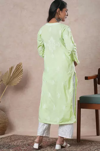 Hand embroidered lime green cotton lucknowi chikankari straight kurta