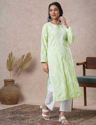 Hand embroidered lime green cotton lucknowi chikankari straight kurta 3