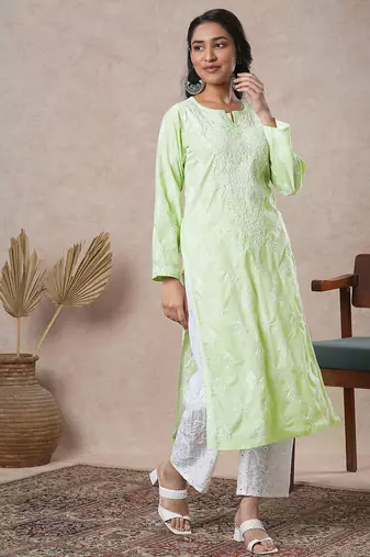Hand embroidered lime green cotton lucknowi chikankari straight kurta
