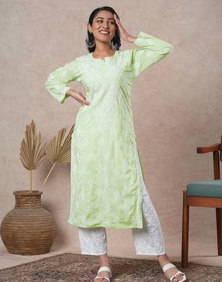 Hand embroidered lime green cotton lucknowi chikankari straight kurta 4