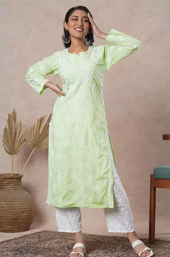 Hand embroidered lime green cotton lucknowi chikankari straight kurta