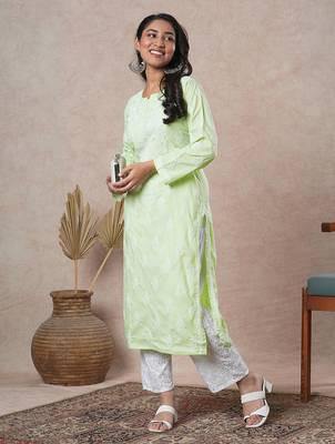 Hand embroidered lime green cotton lucknowi chikankari straight kurta 5
