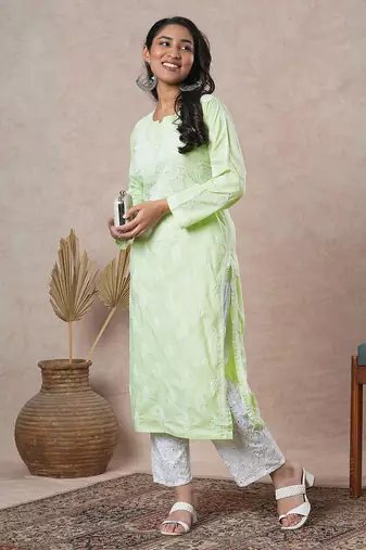 Hand embroidered lime green cotton lucknowi chikankari straight kurta