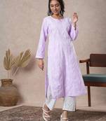 Hand embroidered mauve cotton lucknowi chikankari straight kurta