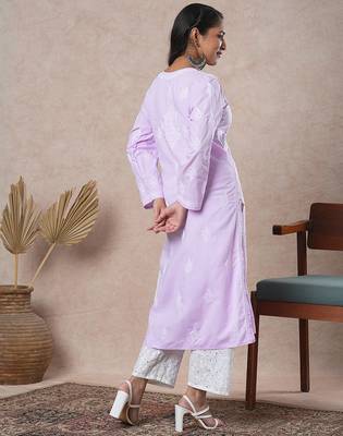 Hand embroidered mauve cotton lucknowi chikankari straight kurta 2