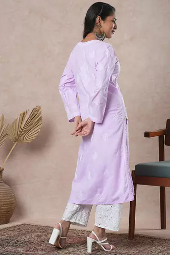 Hand embroidered mauve cotton lucknowi chikankari straight kurta
