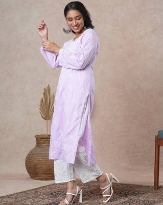 Hand embroidered mauve cotton lucknowi chikankari straight kurta 3