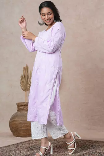 Hand embroidered mauve cotton lucknowi chikankari straight kurta