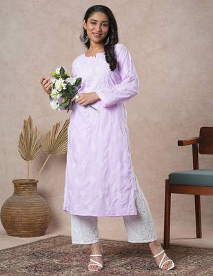 Hand embroidered mauve cotton lucknowi chikankari straight kurta 4