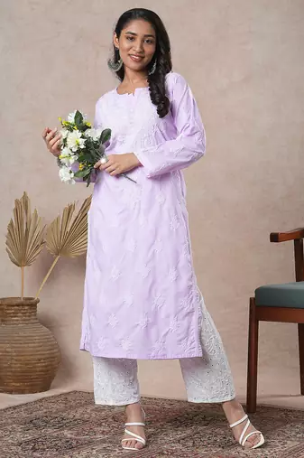 Hand embroidered mauve cotton lucknowi chikankari straight kurta