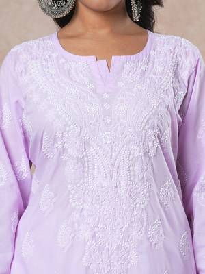 Hand embroidered mauve cotton lucknowi chikankari straight kurta 5