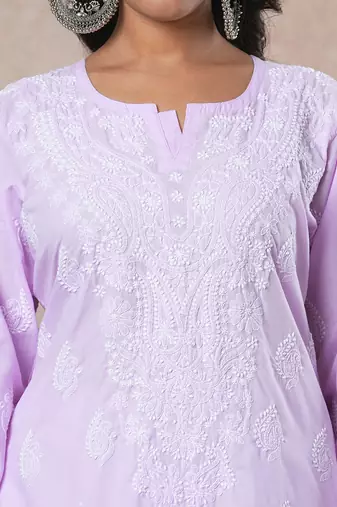 Hand embroidered mauve cotton lucknowi chikankari straight kurta