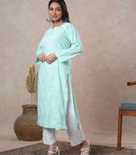 Hand embroidered sea green cotton lucknowi chikankari straight kurta