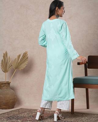 Hand embroidered sea green cotton lucknowi chikankari straight kurta 2